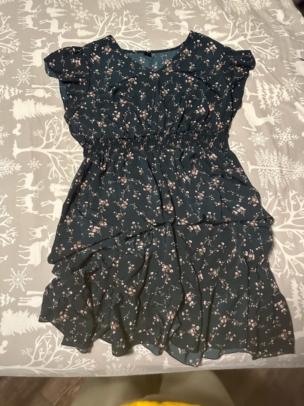 Women's Dark Green Floral Tiered Midi Dress